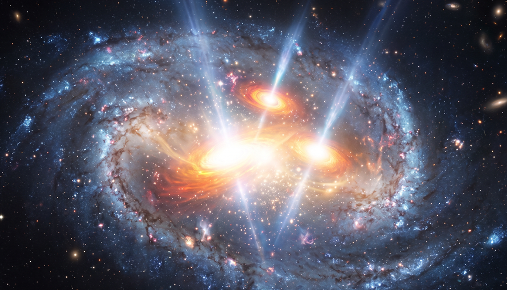 Astrônomos encontraram pela primeira vez três buracos negros supermassivos ativos em uma única galáxia. Astrônomos encontraram pela primeira vez três buracos negros supermassivos ativos em uma única galáxia.