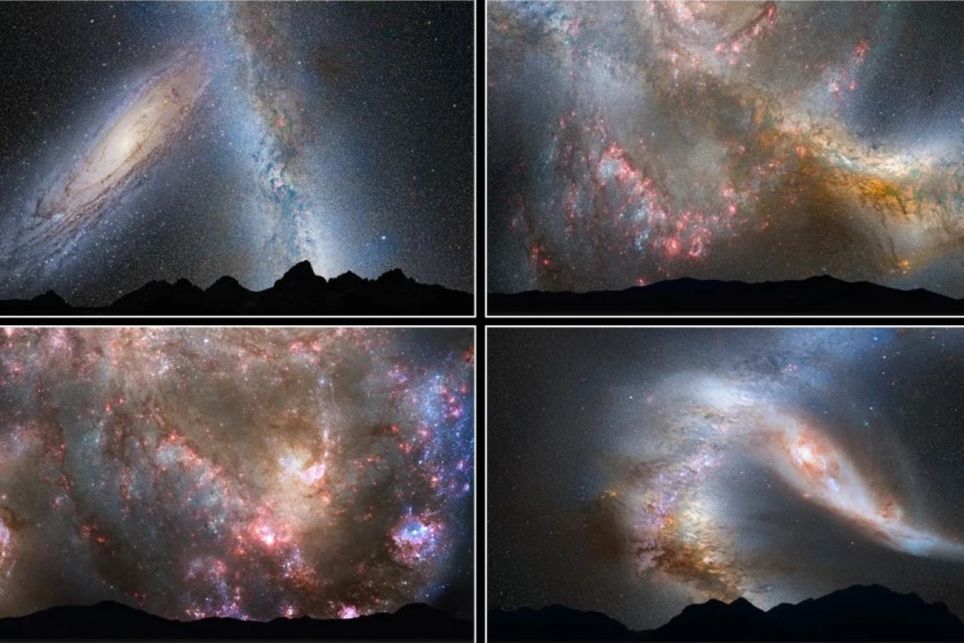 Séquence de la collision entre la Voie lactée et Andromède. Crédit : NASA ; ESA ; Z. Levay et R. van der Marel, STScI ; T. Hallas et A. Mellinger.