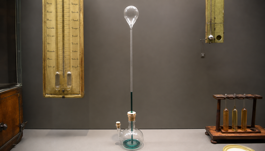 Um termoscópio como o concebido por Galileu, conservado no Museu das Artes e ofícios (Musée des Arts et Métiers) de Paris.