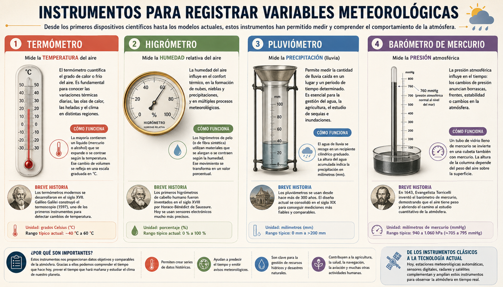 Infografia sobre os instrumentos de medição meteorológica.