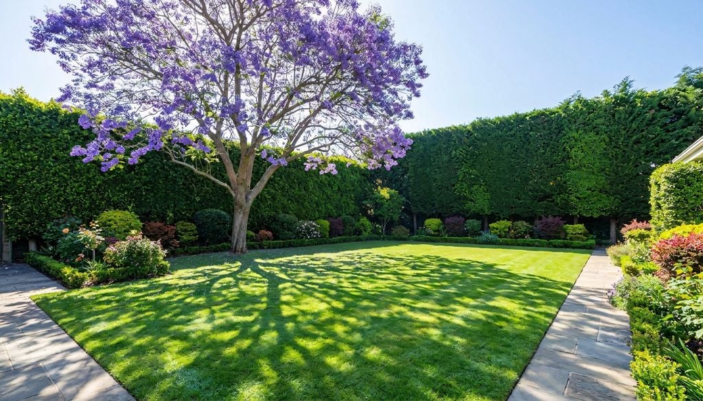 plantas Actúa como el gran protagonista en altura, aportando volumen y una masiva copa azul-violeta durante su floración de noviembre.