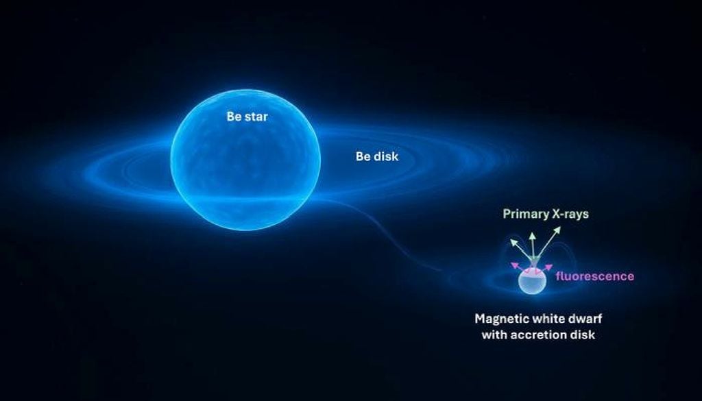 nana bianca e stella Be Rappresentazione artistica che spiega come la nana bianca rubi gas alla stella Be generando intensa emissione di raggi X nel punto di impatto. Credit: University of Liège / Y.Nazé