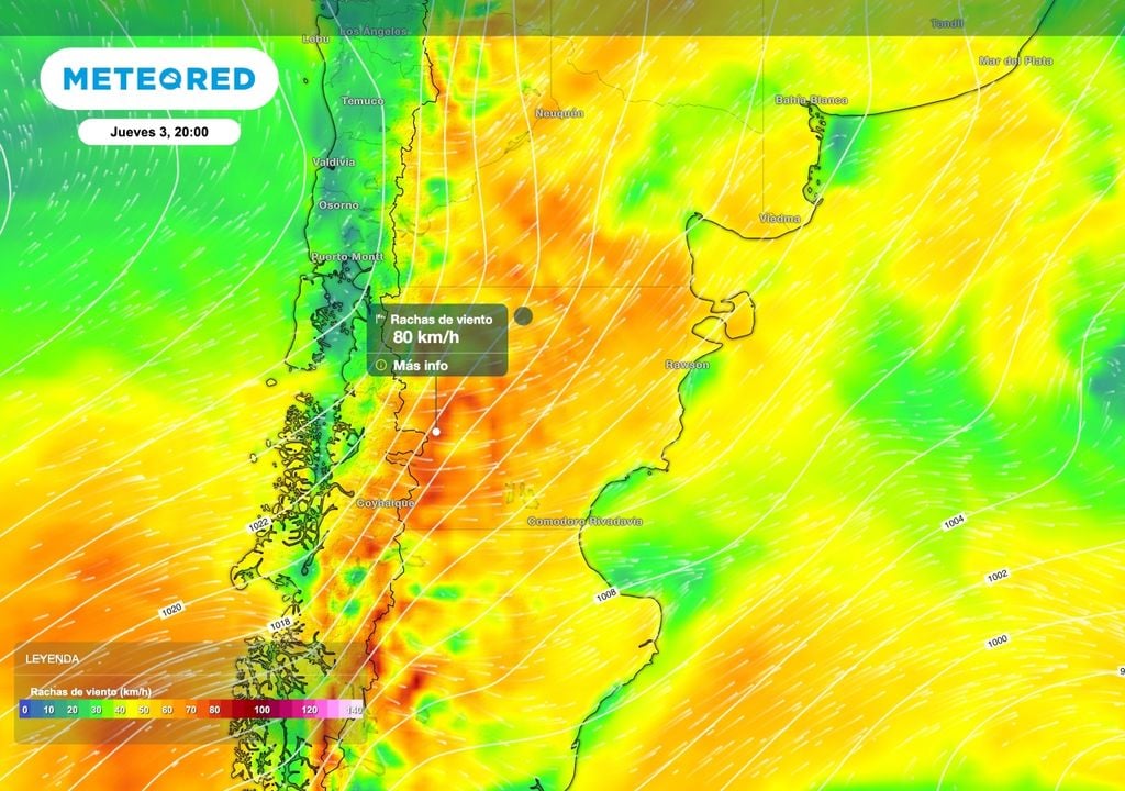 El ingreso de aire frío estará acompañado de períodos muy ventosos especialmente el jueves 3 de septiembre. Algunas ráfagas podrán rondar los 80 km/h.