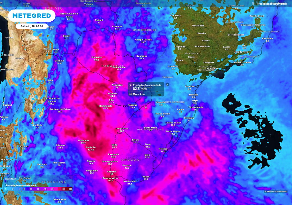 Previsão de chuva acumulada até o final de sexta-feira (17), de acordo com o ECMWF.