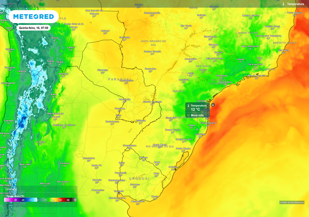 Previsão de temperatura mínima quinta-feira (16), de acordo com o ECMWF.