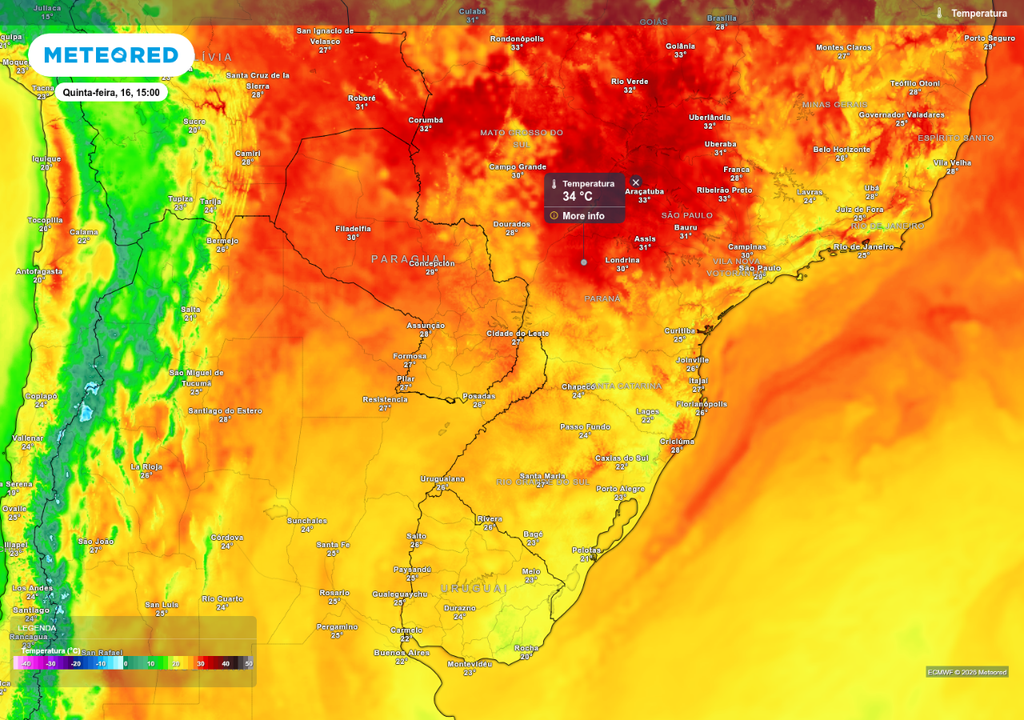Previsão de temperatura máxima nesta quinta-feira (16), de acordo com o ECMWF.
