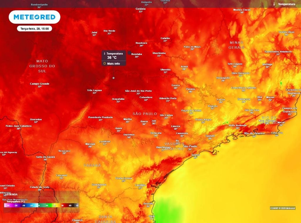 Previsão da temperatura máxima do ar (em °C) para a terça-feira (28), segundo o modelo europeu ECMWF.