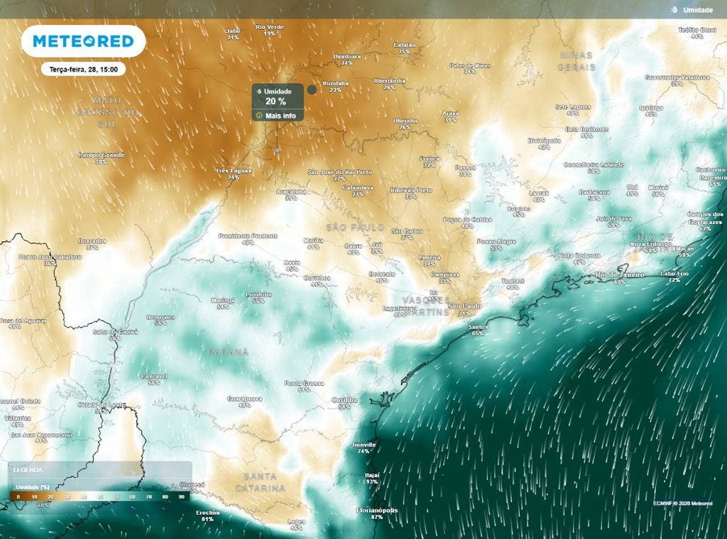 Previsão da umidade relativa do ar (%) para a terça-feira (28) à tarde (15h), segundo o modelo europeu ECMWF.