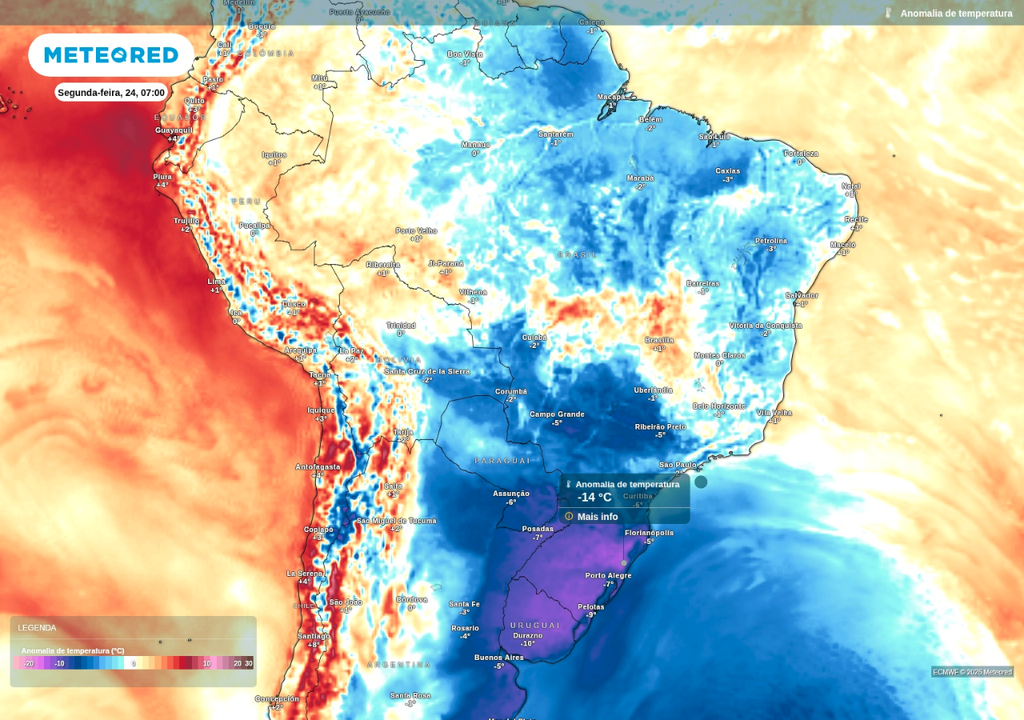 Previsão de anomalia de temperatura mínima para segunda-feira (24), segundo o ECMWF, destacando 14°C abaixo da média no Rio Grande do Sul. Previsão de anomalia de temperatura mínima para segunda-feira (24), segundo o ECMWF, destacando 14°C abaixo da média no Rio Grande do Sul.