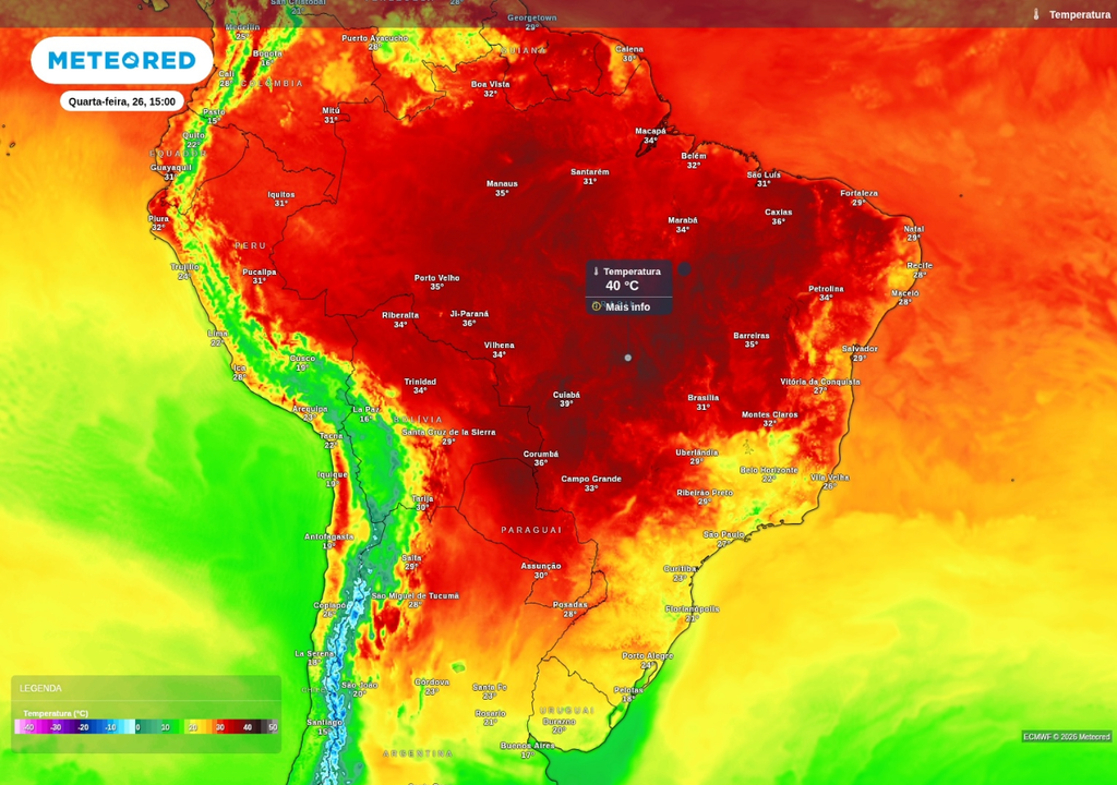 Previsão de temperatura máxima para quarta-feira (27), segundo o ECMWF. Previsão de temperatura máxima para quarta-feira (27), segundo o ECMWF.