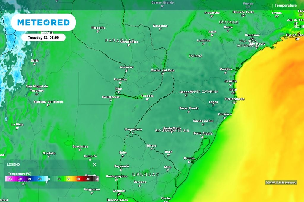 Temperatura prevista para a manhã de terça-feira mostra frio persistente no Sul, com marcas baixas no PR, SC e RS após a geada de segunda.