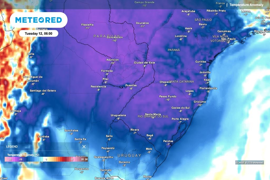 Anomalia de temperatura para terça-feira (11) indica frio muito abaixo da média no Sul, mantendo atenção para lavouras sensíveis após a geada.