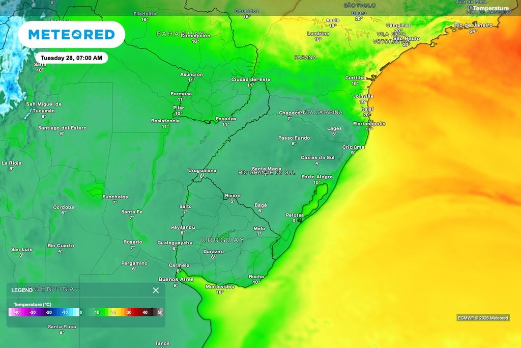 Temperaturas baixas previstas para a manhã de terça-feira (28), com marcas próximas de 5°C a 10°C em áreas do RS e de SC.