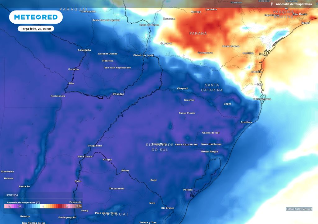 Anomalia de temperatura em superfície para a manhã de terça-feira (28) mostra temperaturas até 8°C abaixo da média para o horário.
