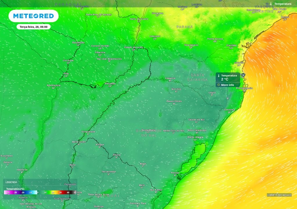 Mínima prevista para a manhã desta terça (28) sobre a Região Sul do Brasil. Nas áreas de serra, termômetros podem negativar.