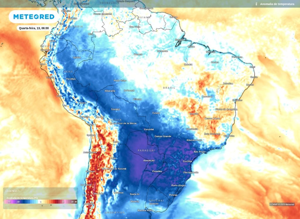 O mapa mostra que as temperaturas em superfície vão permanecer abaixo da média na manhã desta quarta-feira (13) em toda a Região Sul, com anomalia de até 10°C.