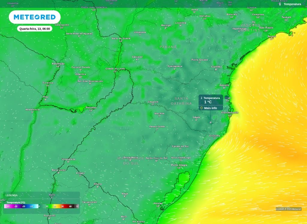 Mínima prevista para a manhã desta quarta-feira (13) na Região Sul do Brasil, de acordo com o modelo ECMWF.