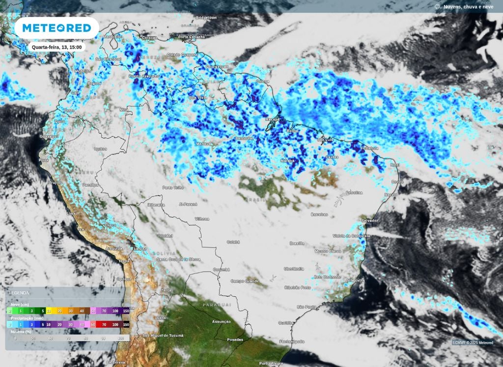 Precipitação prevista para a tarde de quarta-feira (13) no Norte e norte do Nordeste do Brasil, segundo o modelo ECMWF.