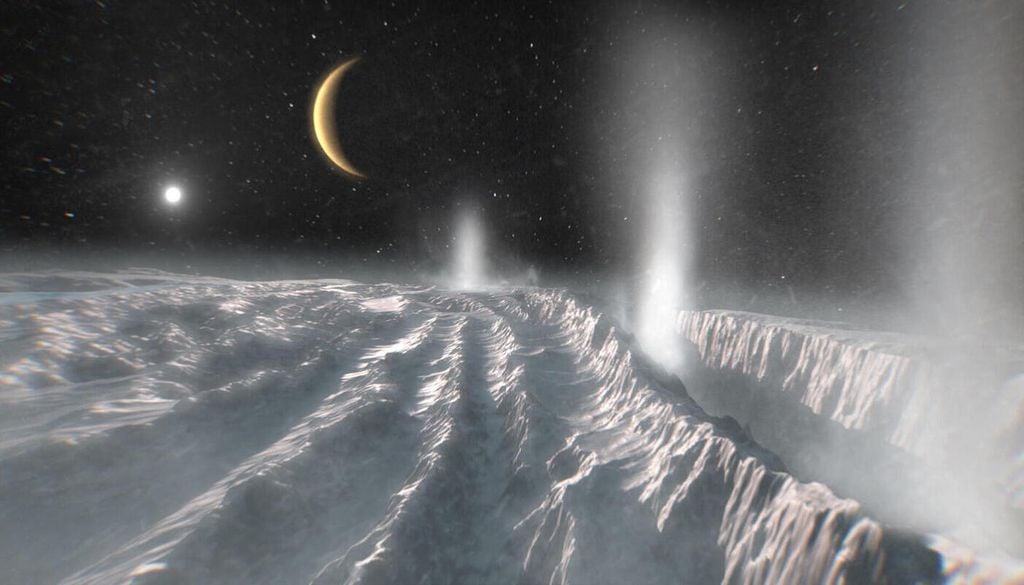 Auf dem Saturnmond Enceladus könnten unter der Eisoberfläche in einem verborgenen Ozean einfache Lebensformen vorkommen. Hier eine künstlerische Darstellung von Cryovulkanismus auf dem Eismond. Bild: ESA/Science Office