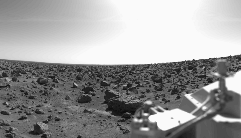 Vielleicht werden Anzeichen biologischen Lebens durch chemische oder physikalische Vorgänge verdeckt. Hier Viking-2-Lander-Aufnahmen vom Mars (Utopia Planitia). Bild: NASA