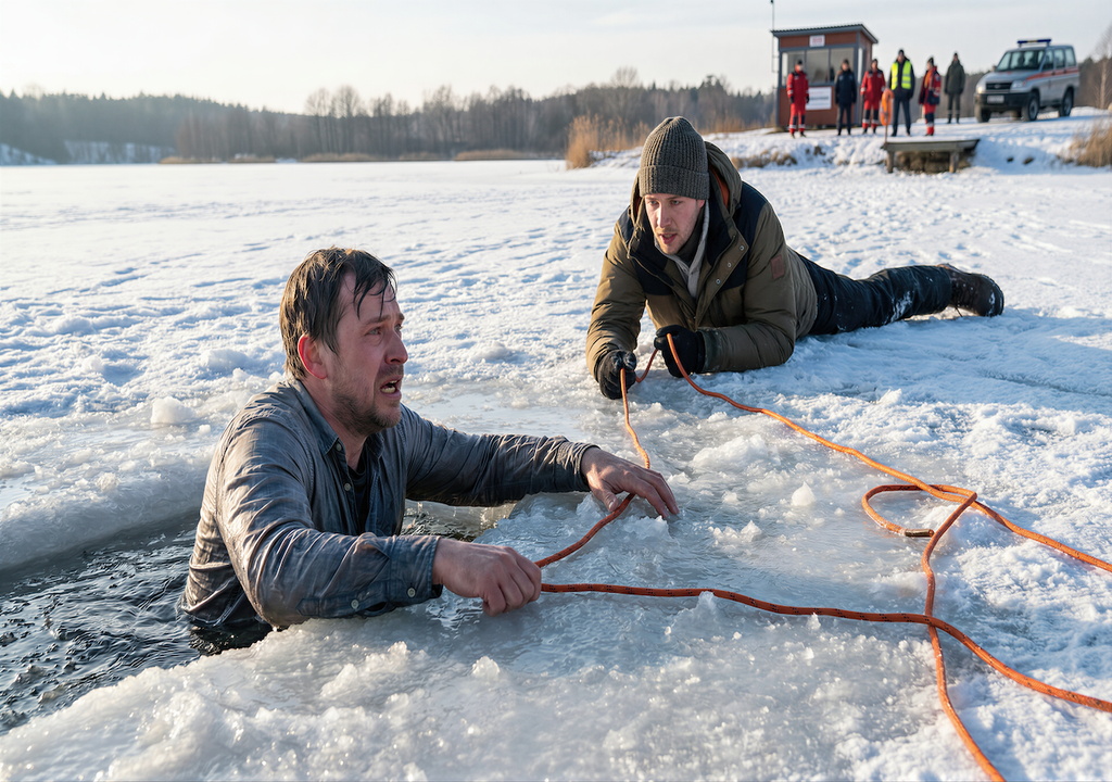 Eis, Mann, zugefrorenen See,Warnungen, DRK, Wasserwacht Gefahr auf dünnem Eis: Ein Mann bricht auf einem zugefrorenen See ein und wird von einem Helfer gerettet – eindrückliches Beispiel für die Warnungen von DRK und Wasserwacht.