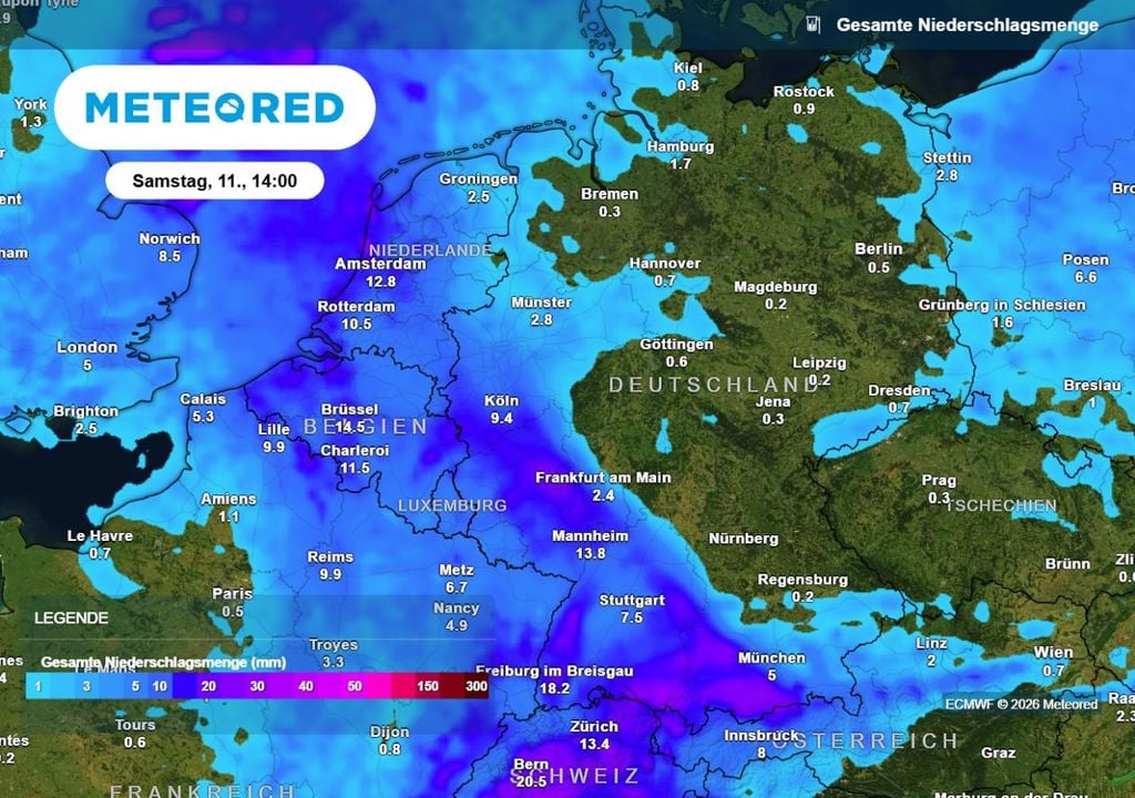 Die Regensummen bis Samstag (11. April). Es ist recht wenig Niederschlag zu erwarten.