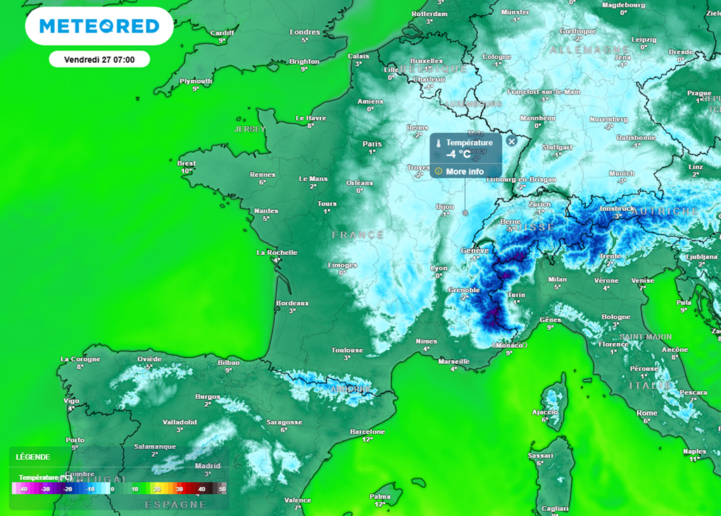 Vendredi matin, les minimales s'abaisseront jusqu'à -4°C dans les régions de l'est.