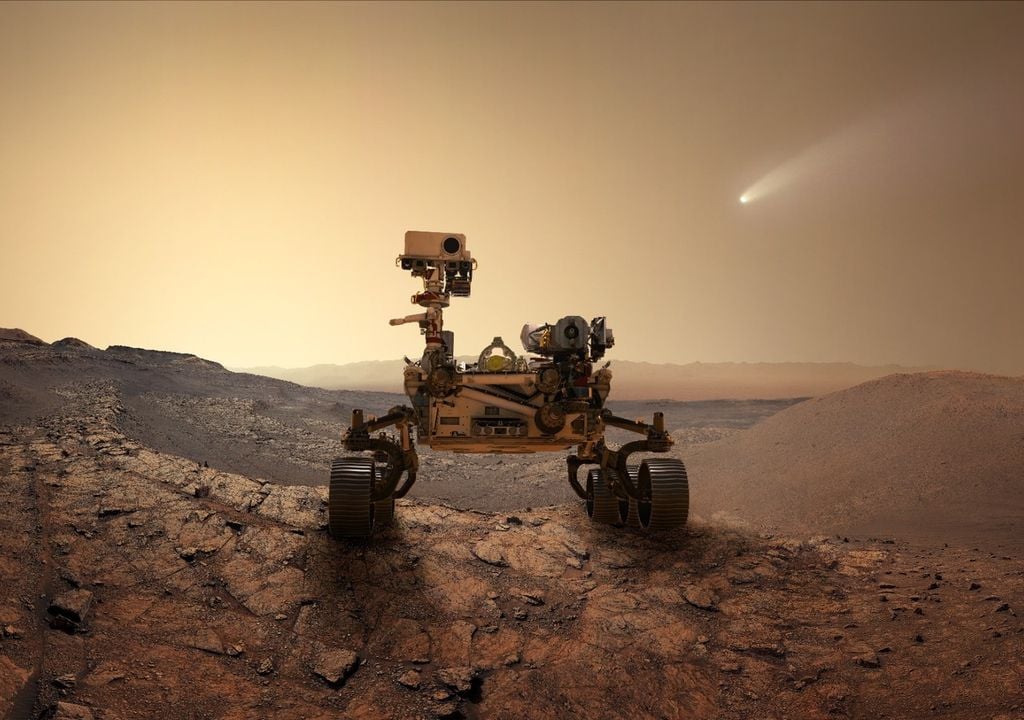 Il rover Perseverance della NASA all'interno del cratere Jezero. Grazie ai suoi strumenti di precisione, il rover ha analizzato campioni di roccia contenenti molecole organiche, i "mattoni della vita" che Marte ha smesso di proteggere dopo la scomparsa del suo scudo magnetico.