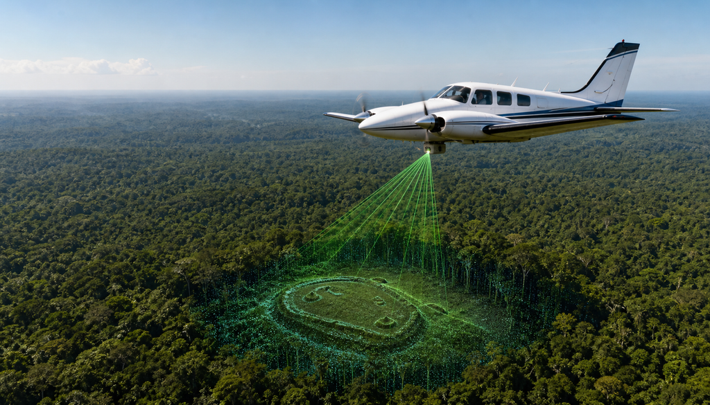 lidar, laser, mapa O LiDAR aerotransportado emite pulsos de laser para mapear o relevo oculto sob a floresta.