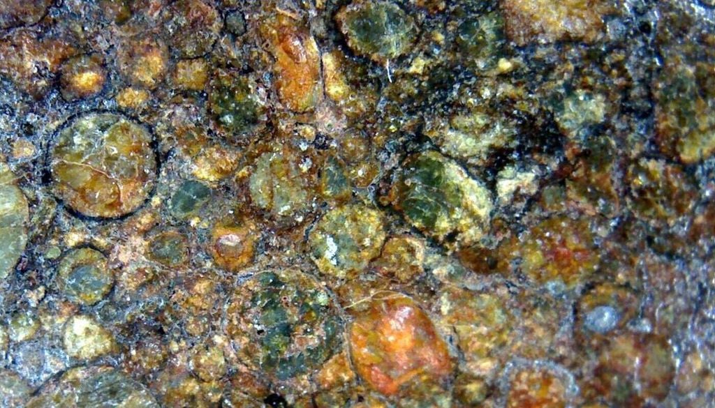 Mikroskopaufnahme eines Schnitts durch den Nordwestafrika-Meteoriten 4438. Die runden Einschlüsse sind Chondren. Mikroskopaufnahme eines Schnitts durch den Nordwestafrika-Meteoriten 4438. Die runden Einschlüsse sind Chondren. Bild: USRA/LPI