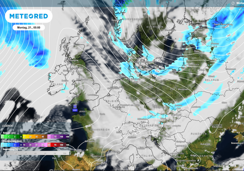 Montag, Meeresluft, Deutschland, Regenwolken, Norden, Osten Der Wettersturz ist vollzogen: Zwischen einem kräftigen Hoch über Westeuropa und tiefem Luftdruck im Nordosten strömt am Montag kühle Meeresluft nach Deutschland. Während Regenwolken vor allem den Norden und Osten erfassen, bleibt es weiter südwestlich häufig trocken.