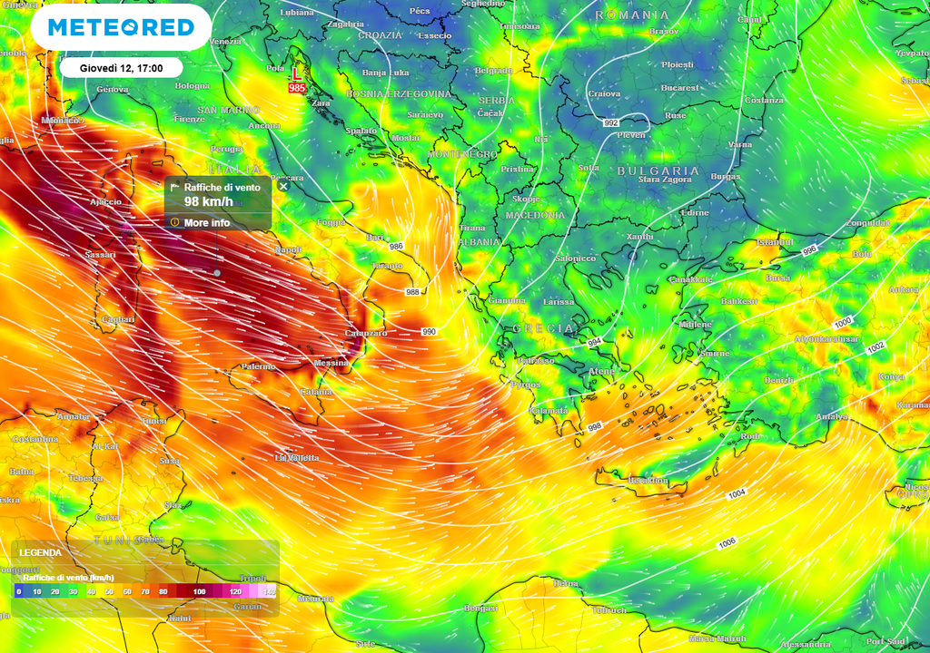 L’accelerazione dei venti di Ponente e Maestrale che giovedì 12, dopo aver spazzato la Sardegna, si propagheranno fino al Canale di Sicilia e al medio-basso Tirreno, con forti venti da ovest-nord/ovest e nord/ovest che potranno superare i 100 km/h.