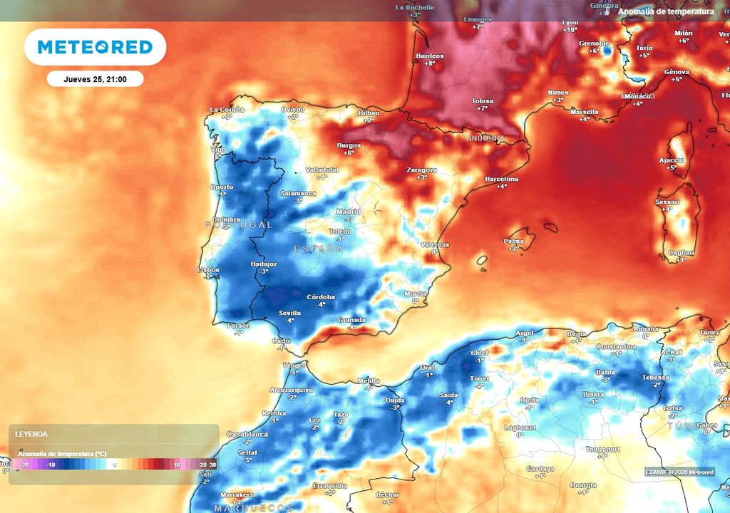 Cambio de masa de aire La llegada de una masa de aire fresco de procedencia atlántica, impulsada por una dana situada al oeste de la Península, provocará un descenso de las temperaturas en gran parte de la Península, poniendo fin a la ola de calor.