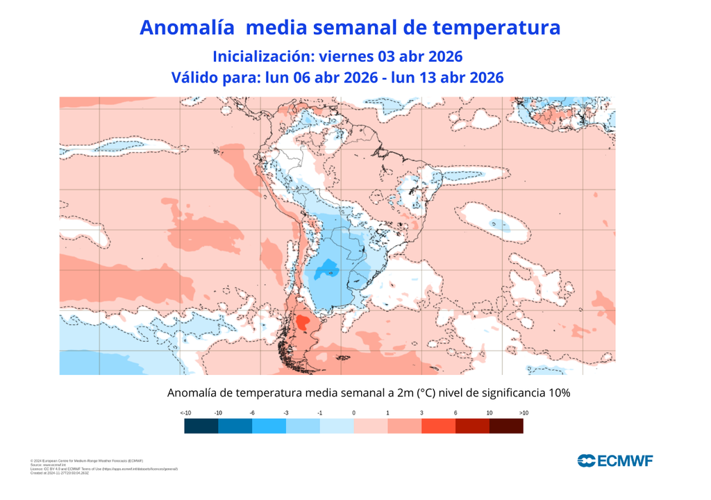 Mapas de anomalías semanales del ECMWF muestran claramente temperaturas sobre lo normal en casi todo Chile la próxima semana.