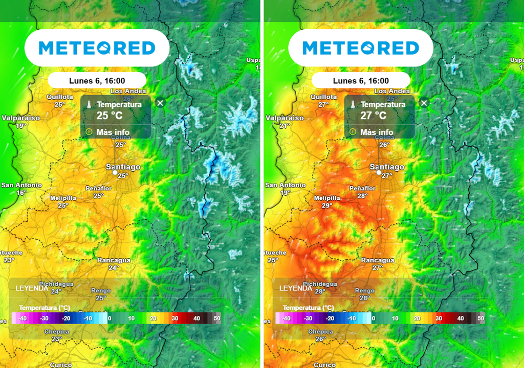 Modelo ECMWF (imagen izquierda) prevé máximas de 25 °C, mientras el GFS (imagen derecha) muestra registros ligeramente superiores el lunes próximo.