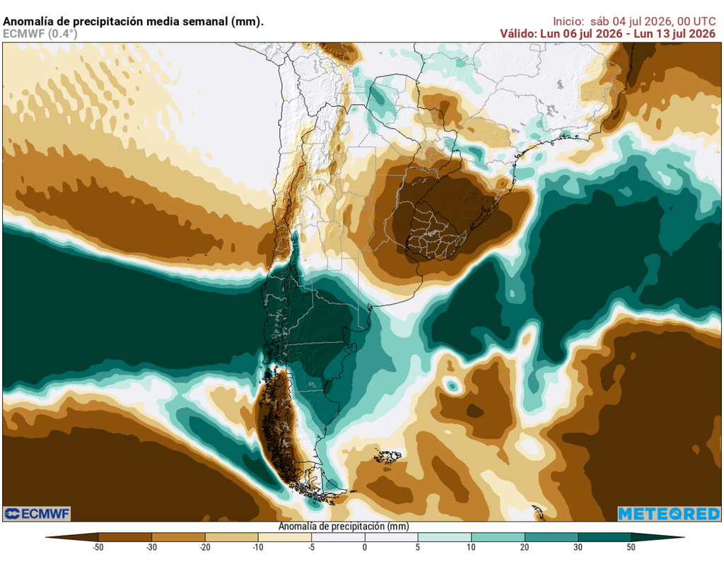 Anomalía de precipitación media semanal proyectada por el ECMWF entre el 6 y 13 de julio: las tonalidades verdes muestran lluvias sobre lo normal, con la señal más marcada entre el centro-sur, sur.