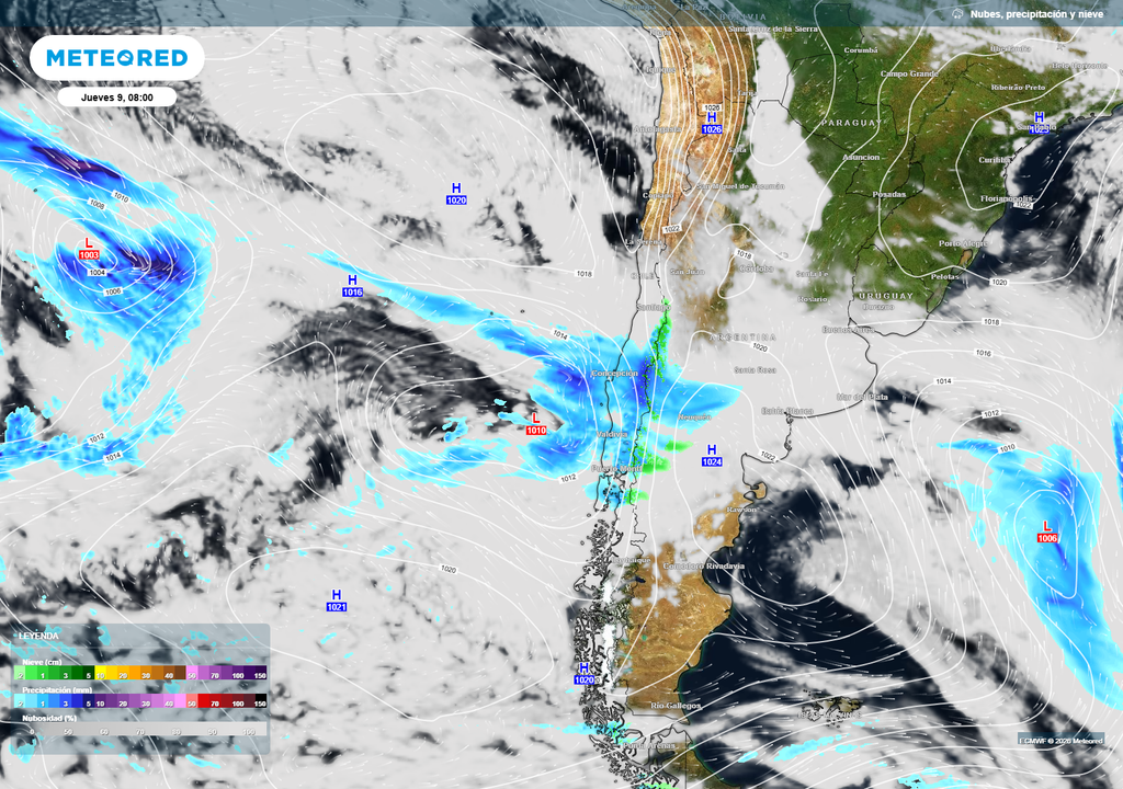 mapa de precipitación. Nuevo sistema frontal proyectado para la mañana del jueves 9: las precipitaciones volverían a concentrarse entre Maule y Los Lagos, con avance de nubosidad y viento asociado al paso del frente.