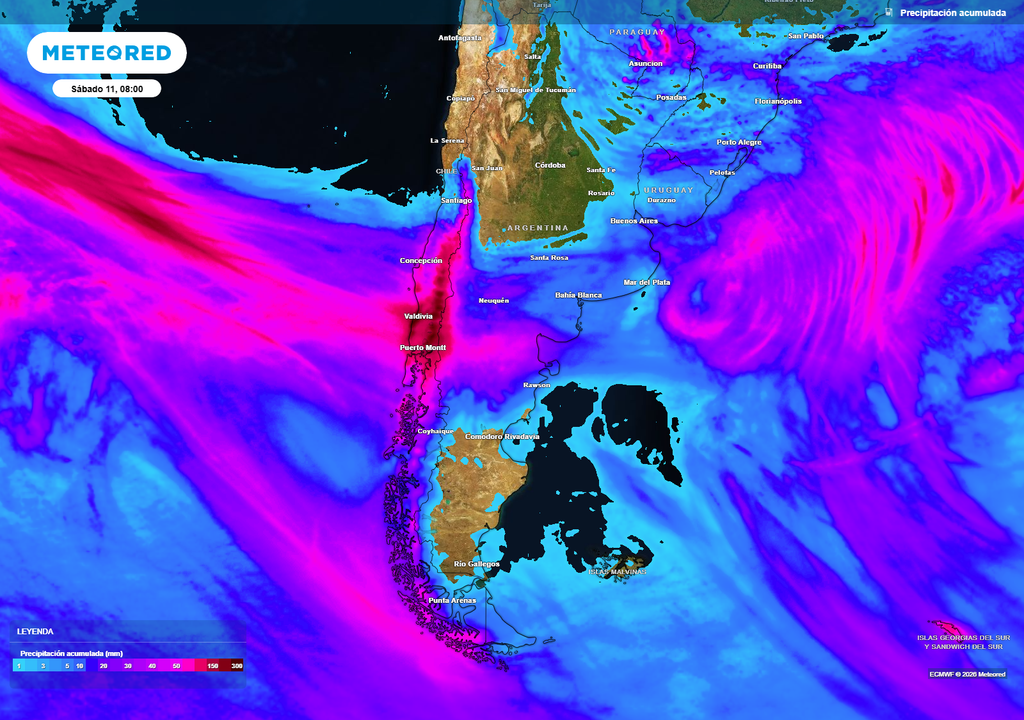 Acumulado de lluvia de la semana: los mayores montos se concentrarían entre Maule y Los Lagos.