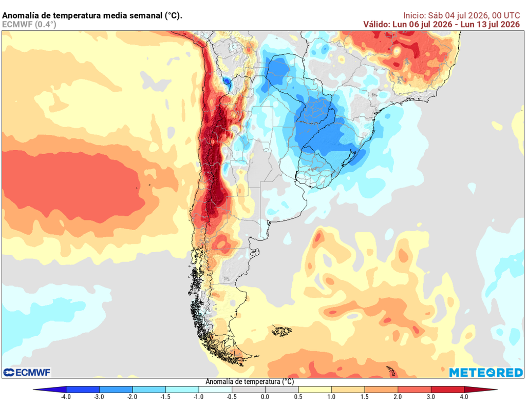 mapa de anomalía de temperatura. Anomalía de temperatura media semanal: el ECMWF proyecta valores sobre lo normal en gran parte de Chile, especialmente en la franja central y norte.