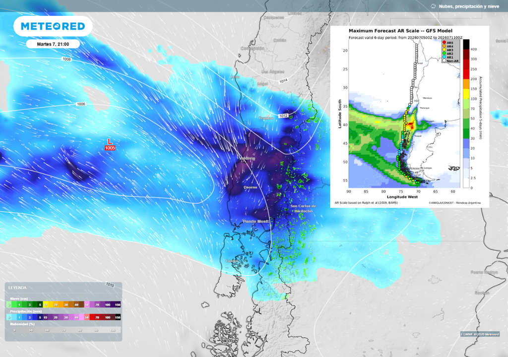 Sistema frontal asociado a un río atmosférico de categoría 3 a 4: el aporte de humedad reforzaría las lluvias en la zona sur en el comienzo de semana.