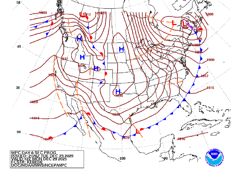 Mapa Sinóptico con sistemas meteorológicos. NOAA WPC