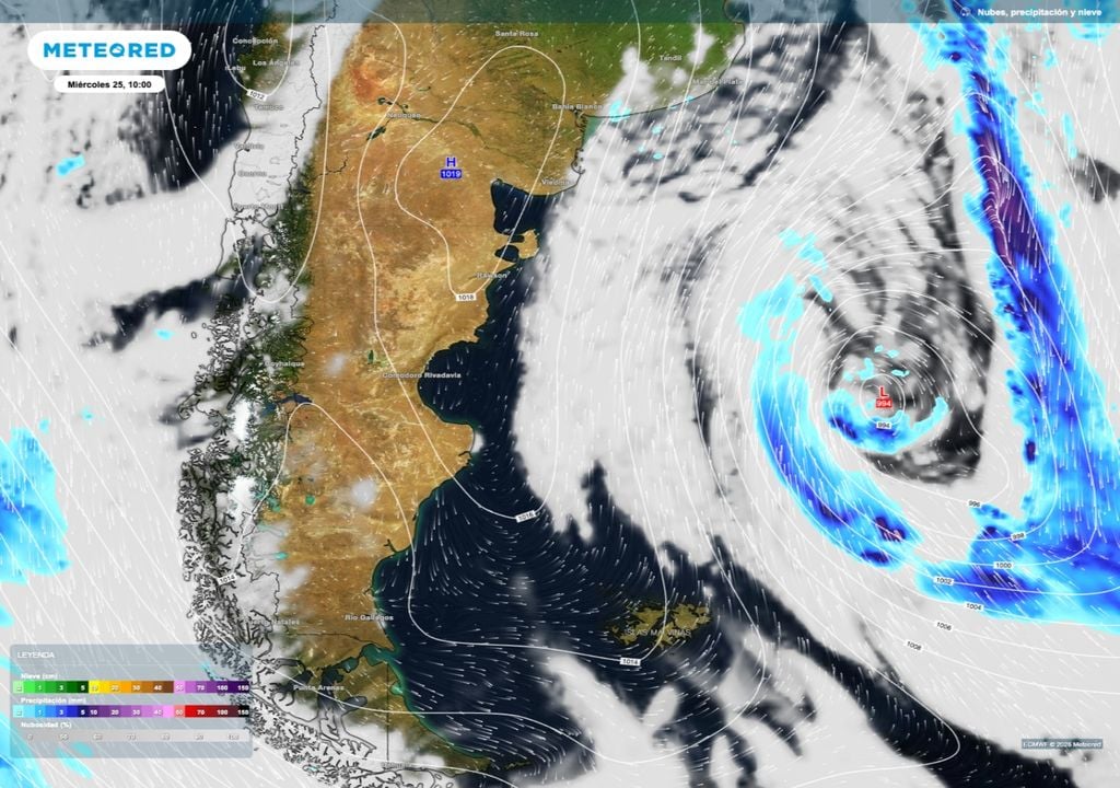 Situacion Patagonia Mientras un sistema de baja presión se aleja en el Atlántico, una gran dorsal de alta presión domina la situación sobre la Patagonia llevando condiciones estables a casi toda la región a mitad de semana.