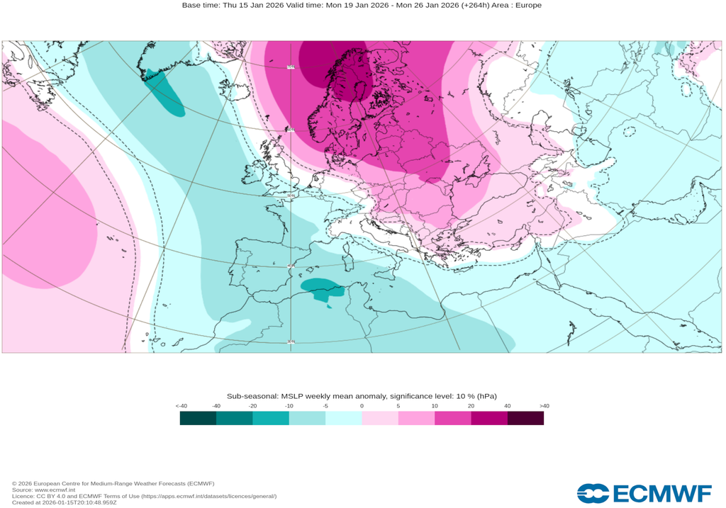 Las anomalías de presión previstas para la próxima semana muestran ese importante bloqueo escandinavo y un cinturón de bajas presiones conectando el Mediterráneo con el Atlántico Norte.