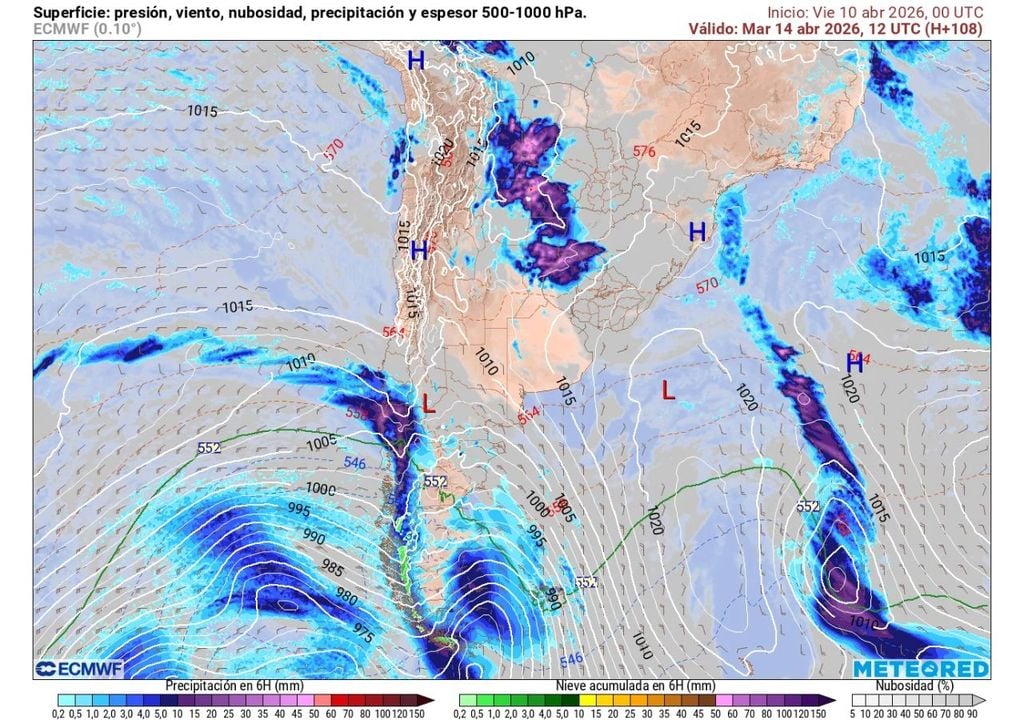 La carta superficial muestra el sistema frontal que ingresará el martes al centro-sur, dejando precipitaciones entre Ñuble y Biobío.