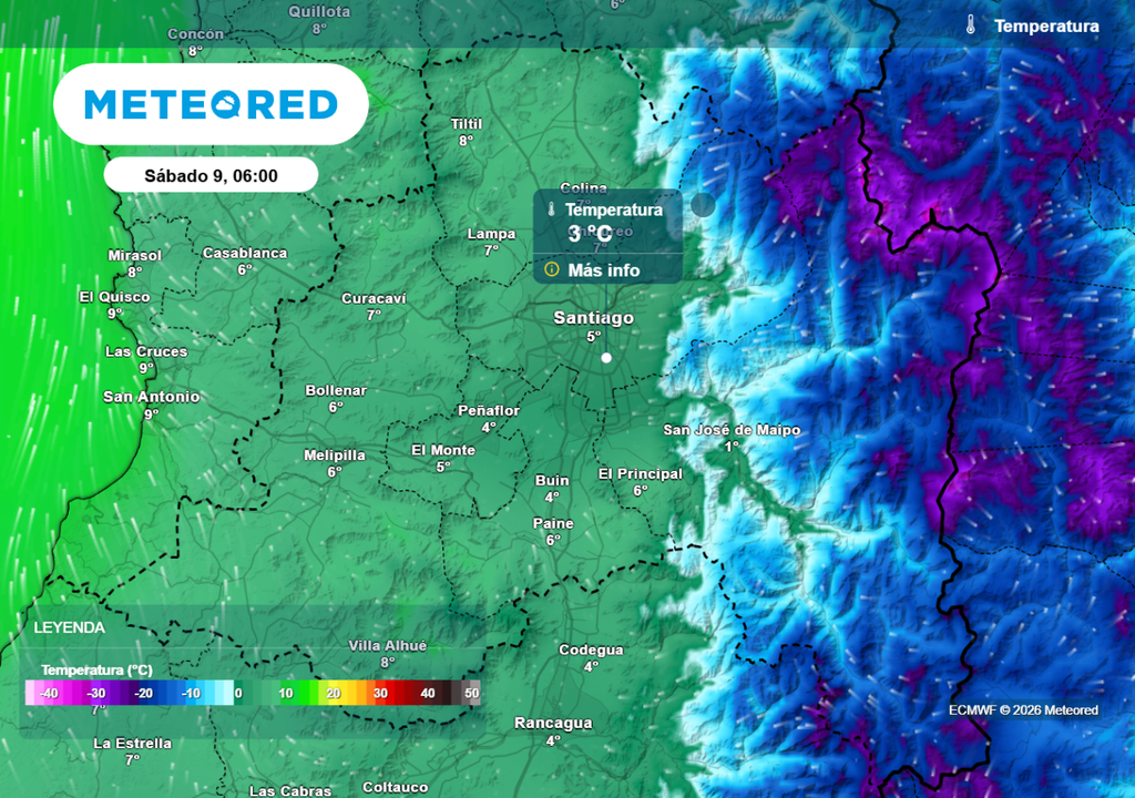 Cerca de 3 °C en Santiago este sábado y bajo cero en zonas de la precordillera metropolitana.