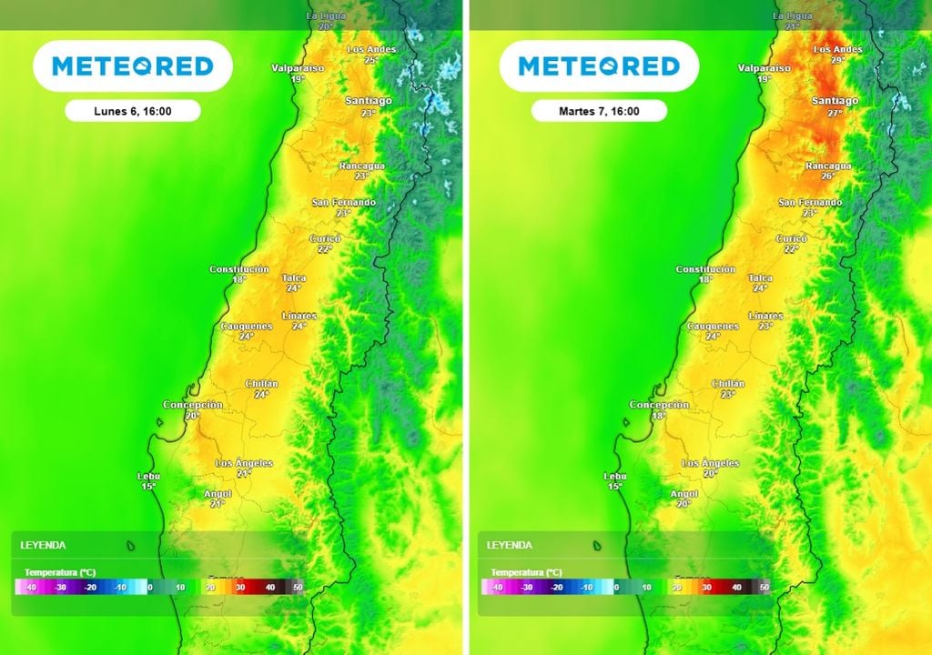 El martes se observa un aumento de las temperaturas, especialmente en el centro-norte con máximas sobre los 30 °C, mientras que hacia el sur se mantiene un ambiente más fresco.