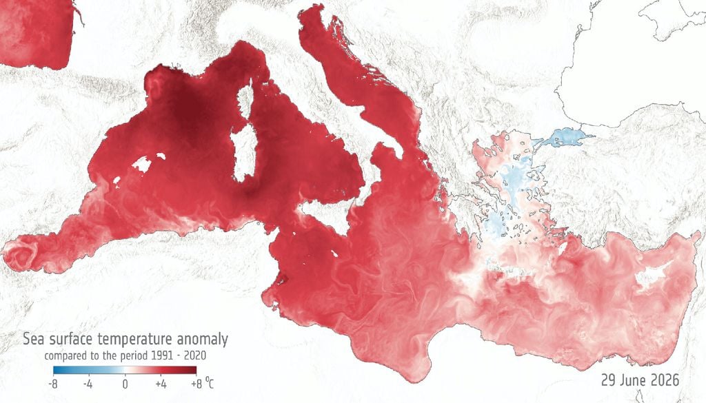 Temperatura Mediterraneo Nel mese di Giugno sono stati registrate in zone del Mar mediterraneo picchi di temperatura fino a 8 gradi in più rispetto ai valori medi stagionali. Credit: ESA (data sources: CMEMS/ESA SST CCI)