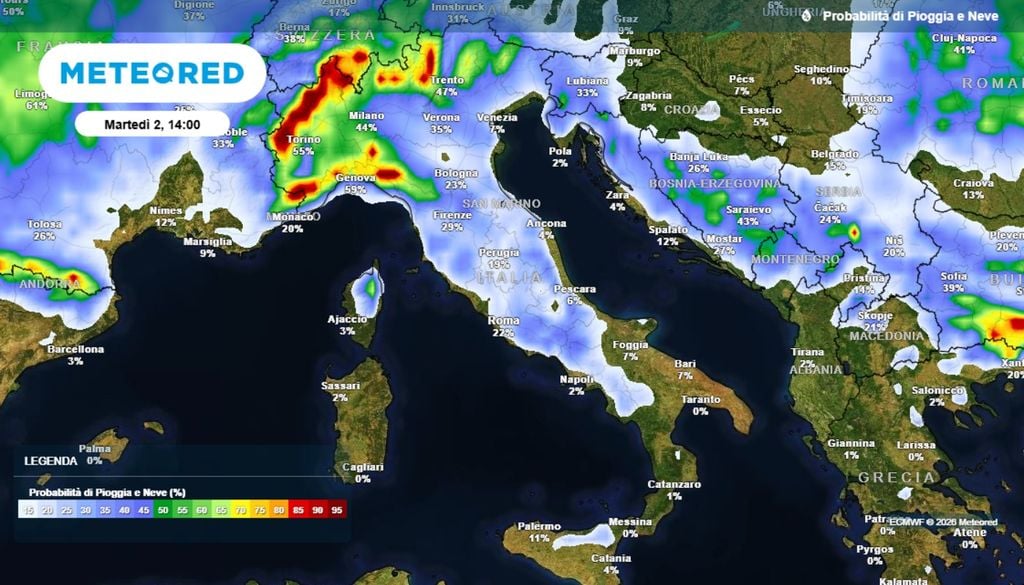 Probabilità di pioggia secondo ECMWF Meteored, per martedì 2 giugno ore 14.00.