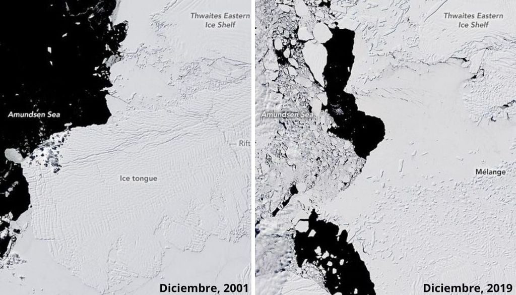 El retroceso sostenido del glaciar Thwaites ha quedado registrado por satélites durante décadas. Su evolución es seguida con atención porque podría afectar la estabilidad de extensas masas de hielo en la Antártida Occidental. (Fuente: NASA)