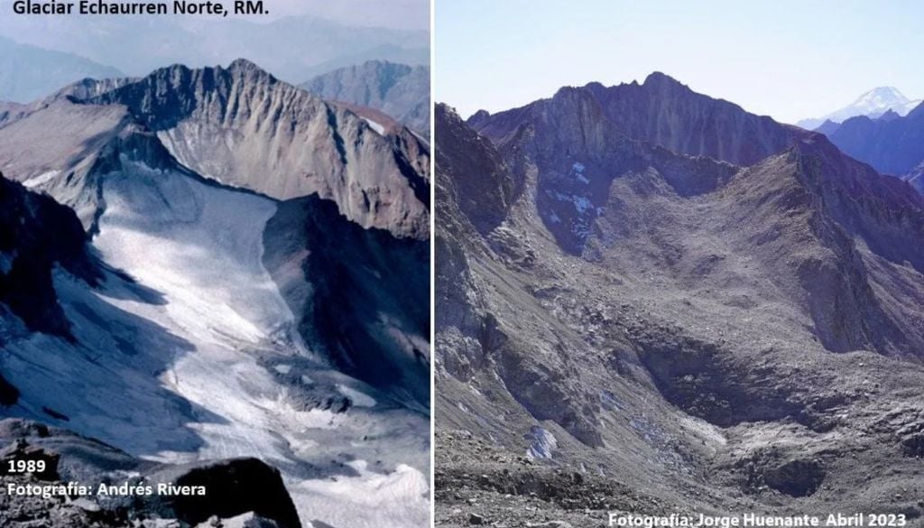 Comparación del retroceso del glaciar Echaurren Norte en 1989 y 2023. Crédito: Glaciologia.cl